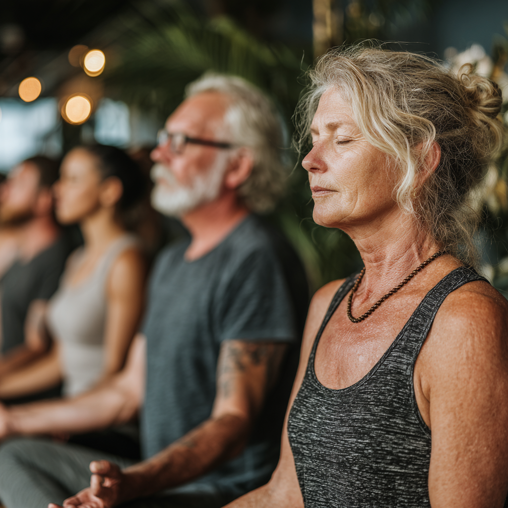 Group of diverse adults aged 40-55 practicing yoga together in peaceful studio with natural lighting and plants