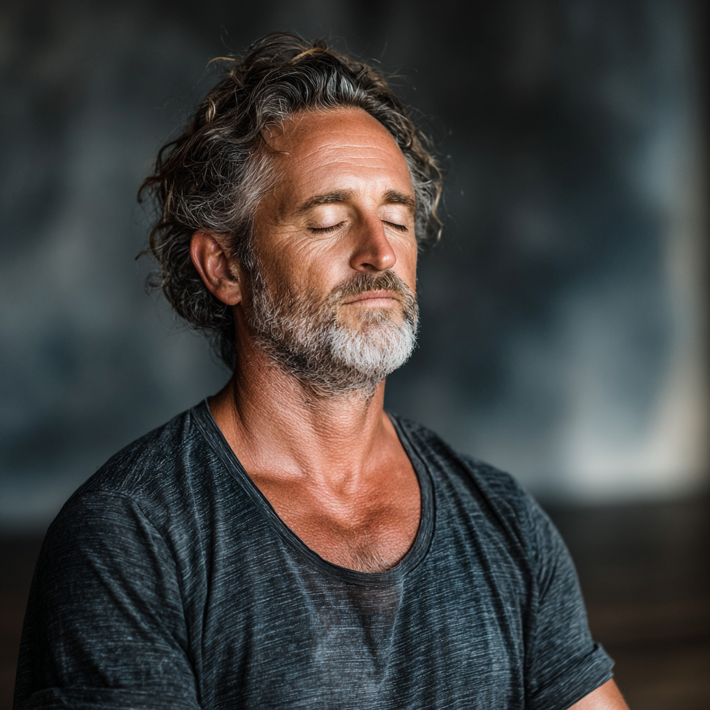Mature man in his 50s practicing yoga poses with concentration and mindfulness in peaceful studio environment